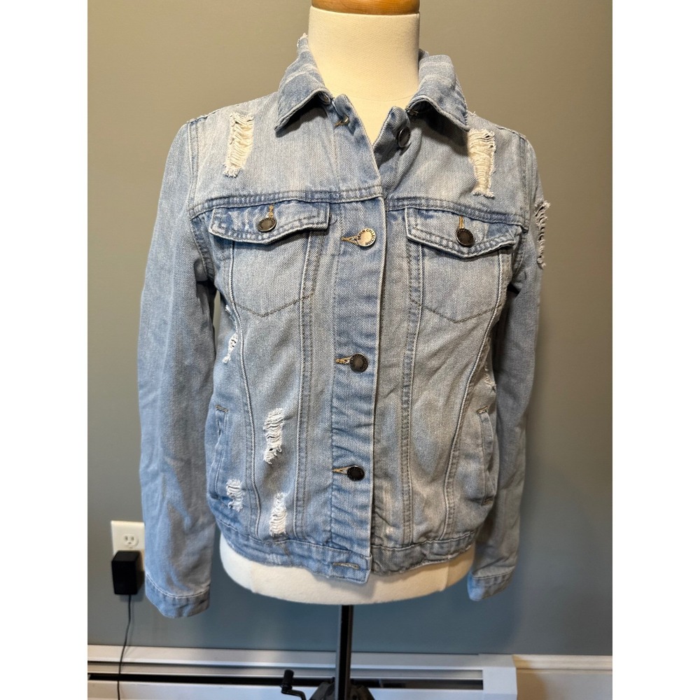 Distressed‎ Denim Jacket Womens Small Ci Sono Light Wash Jean Trucker Coat DJK90
